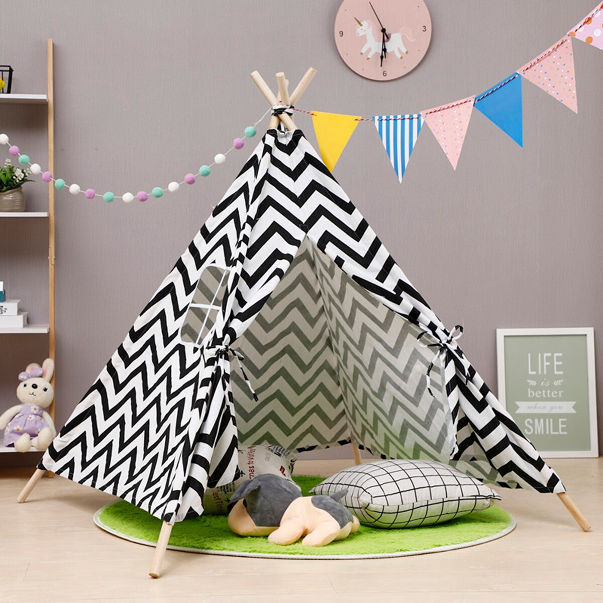 1.35M-1.8M Baby Tents Teepee Triangle Tent Kids Playhouse Cotton Canvas Pretend Play Tent Decoration Game House Boy Girls: 1.8M Black wave