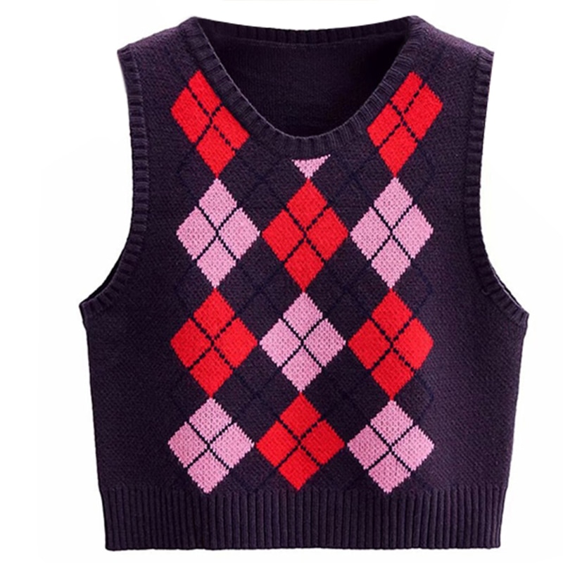 Femmes sans manches tricot pull gilet losange Plaid Preppy Style recadrée débardeur 83XF