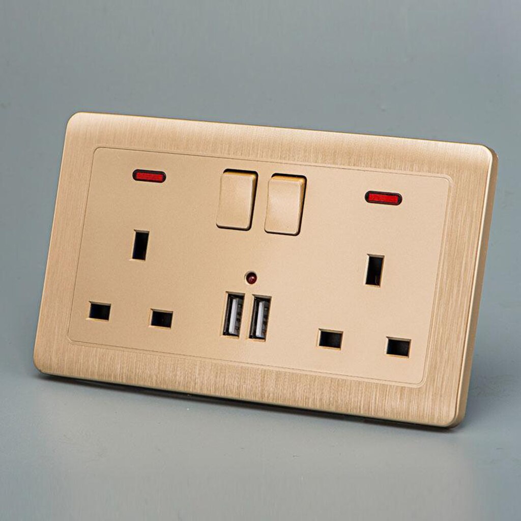 Double Wall UK Plug Socket 2 Gang 13A with 2 USB Charger Outlets, Easy to Use