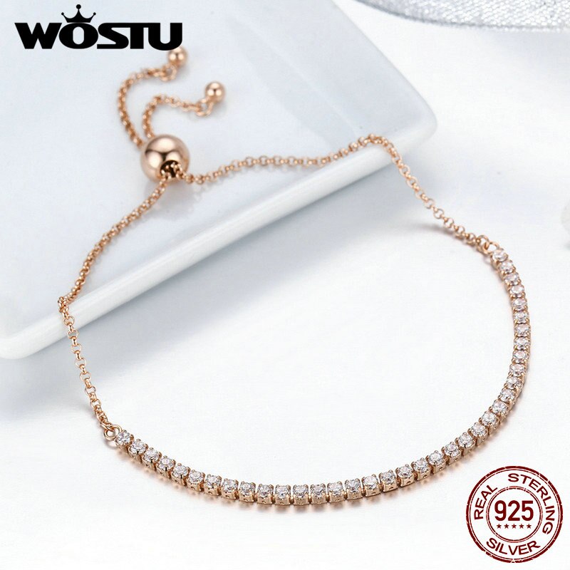 WOSTU regalo di san valentino argento Sterling 925 luminoso, rosa CZ Strand bracciale Tennis bracciale donna S925 gioielli in argento CQB045