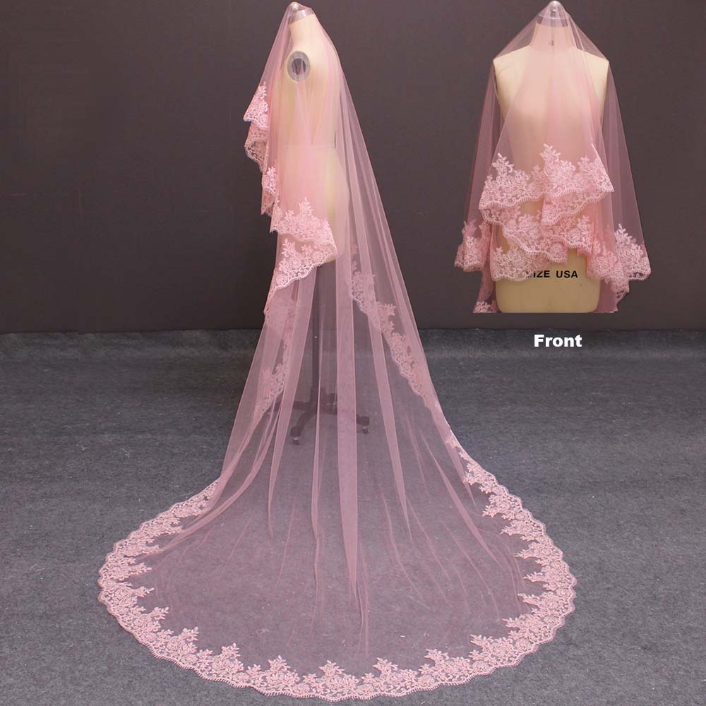 Velo de novia de una capa con borde de encaje, accesorio de boda de tul rosa sin peine, imágenes reales