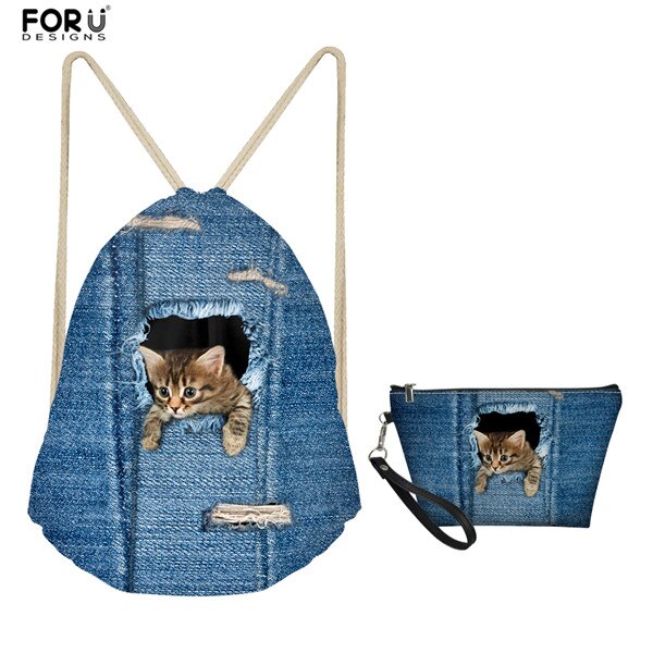 FORUDESIGNS-mochila con cordón para playa para niñas, bolsa de viaje de aseo personal, bolso de bolsillo de tela vaquera con patrón de gato, 2 piezas: H315Z3Z8