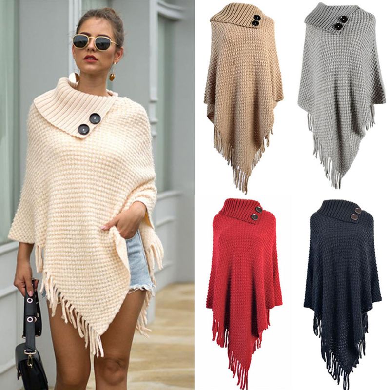 Women Knitted Pullover Sweater Top Half Opened Collar Buttons Warm Shawl Wrap Fringe Tassels Hem Solid Color Poncho Cape
