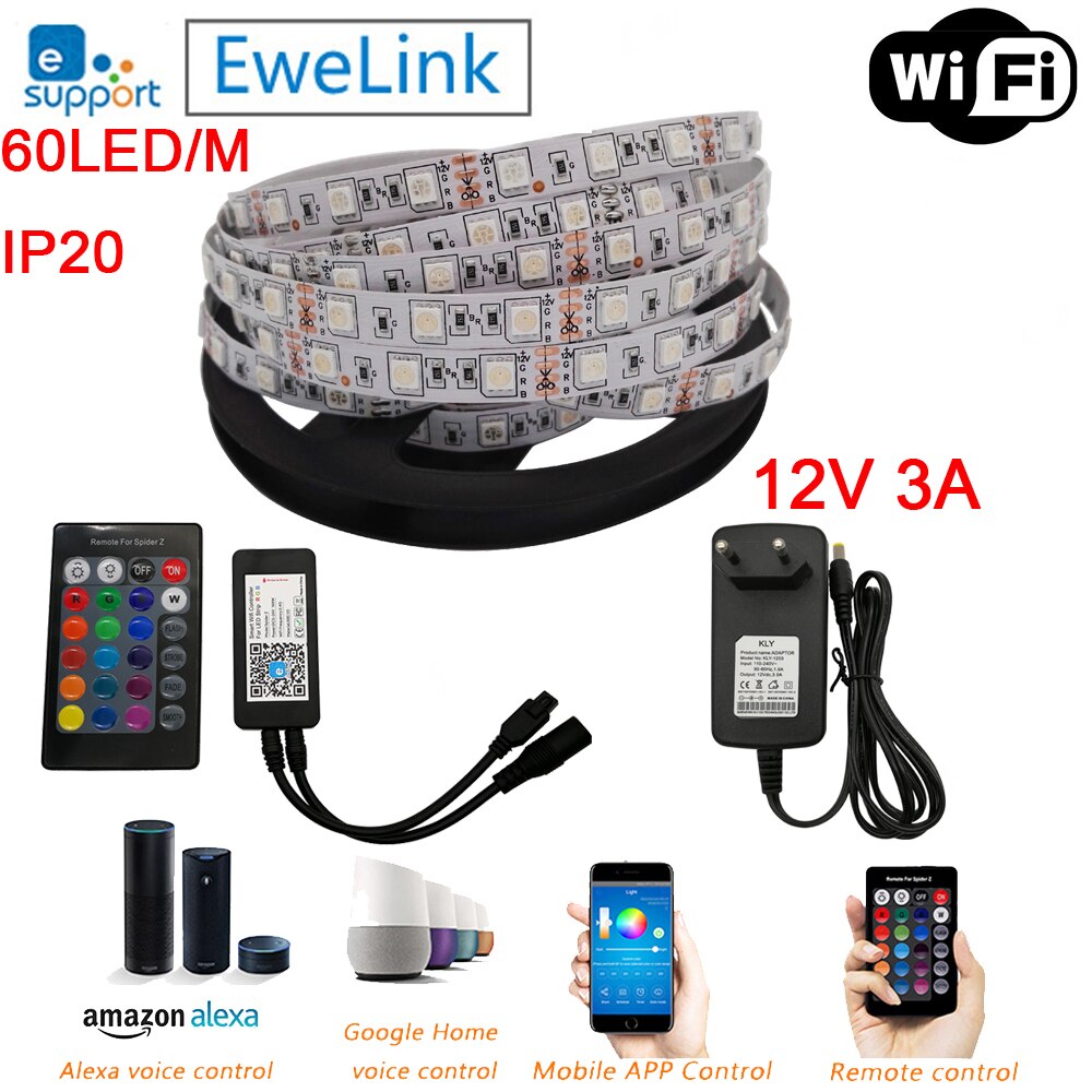 5m 12v 5050 fleksibelt ledet stripe sett rgb bånd  + 24 nøkkel ir fjernkontroll alexa google hjemme stemmekontroll (ewelink app) + strøm: 5m 60 ledet  ip20