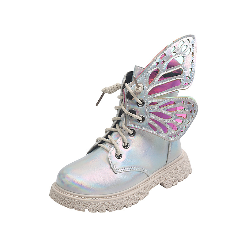Girls Short Boots Princess Super Shine Butterfly Wings 2022 Winter Big Children Martin Boots Velvet Sweet Kids Boots
