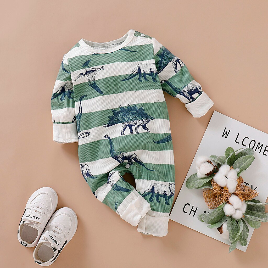Herfst Baby Baby Jongen Meisjes Lange Mouw Cartoon Print Gestreepte Print Romper Jumpsuit Kleding Gratis Z4