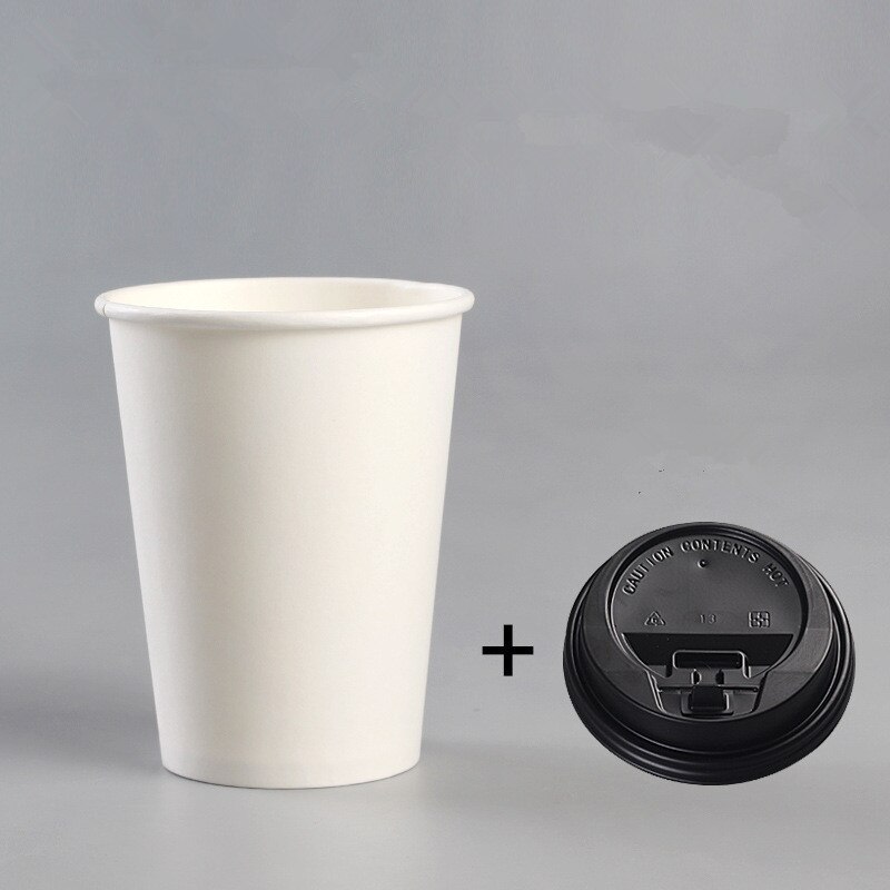 50 stuks dikke witte papieren wegwerpbekers voor koffie, 250ml kleine bekers voor sap, water en drank, met deksels en bruine mouwen: Beker en zwart deksel