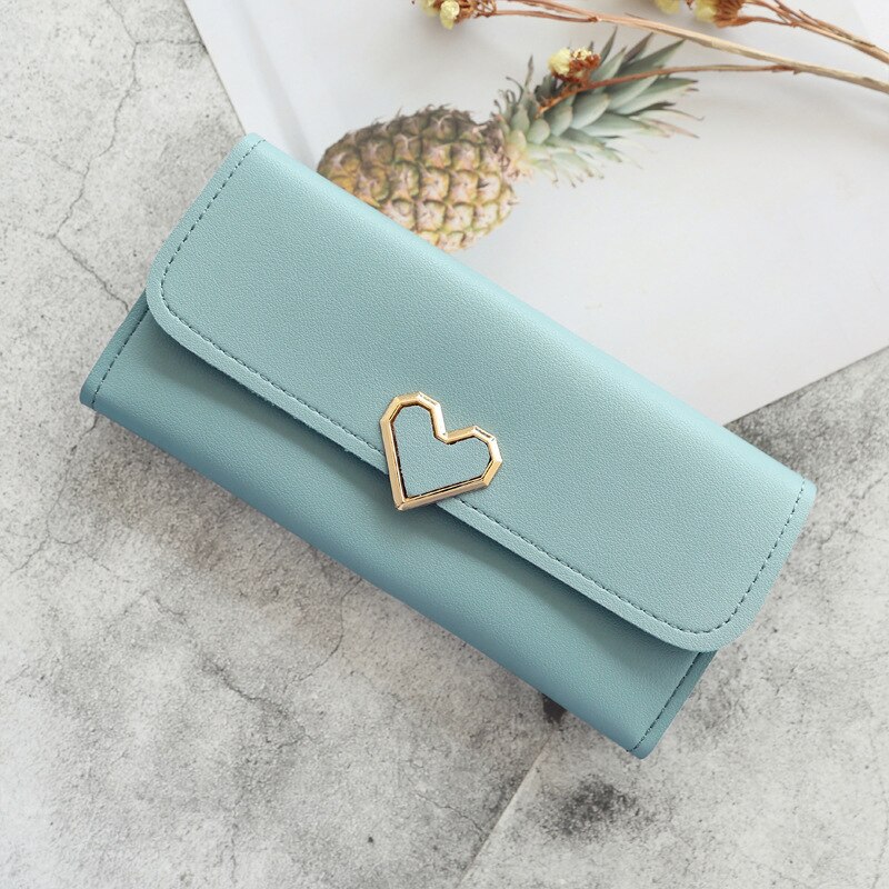 Cute PU Leather Purse Heart-shaped Decoration Long Multi-card Wallet Purse Buckle Clutch Mobile Phone Student Women's Wallet: Sky Blue