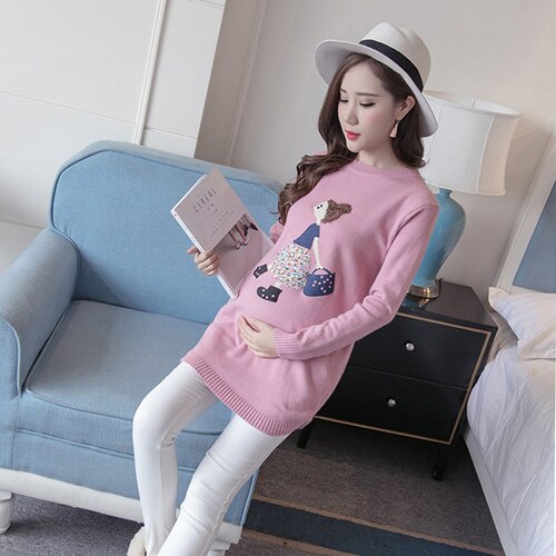 Cartoni animati Natura Stampa Maglie E Maglioni Manica Lunga Maternità Vestiti di Inverno Delle Donne Più Il Formato in Maglia Maglione Autunno Gravidanza Maglione: Colore rosa / M.