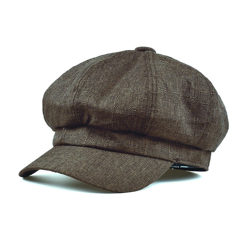 Showersmile bomuld linned nyhedsdreng hætte sommer beret hatte til kvinder britisk stil solid sort ottekantet hue damer bager dreng hat: Mørkebrun