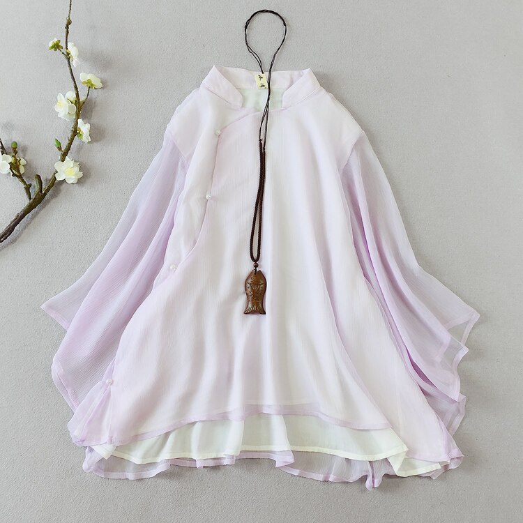 ¡Novedad de primavera-verano ! Blusa china de Nagodo, camisa de té Zen de doble capa de hilo, Top de gasa estilo chino clásico Hanfu para mujer