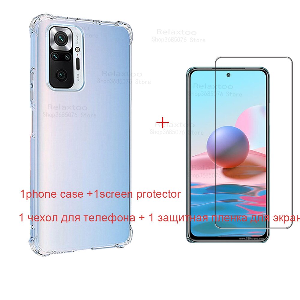 Funda transparente para Xiaomi Redmi Note 10, cristal templado, Teléfono de protección a prueba de golpes suave de silicona: for redmi m00 / case and front glass