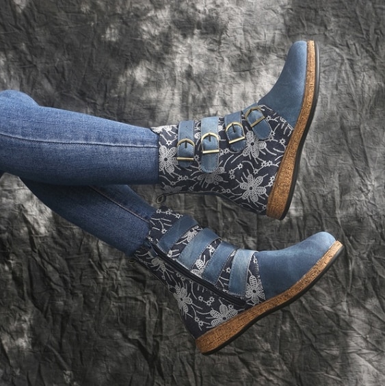 Socofy, botas para Mujer, estampado Retro, hebilla de Metal, cuero suave, cremallera, Botines, botas para Mujer
