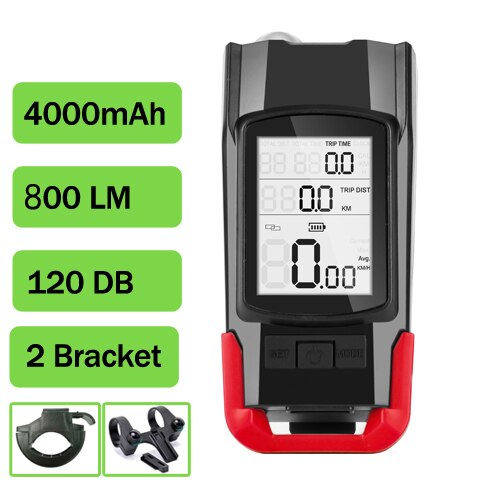 Wireless Bicycle Computer MTB Cycling Bike Odometer Stopwatch Speedometer Integrated 800LM Headlight 120DB Horn Accessories: Red C
