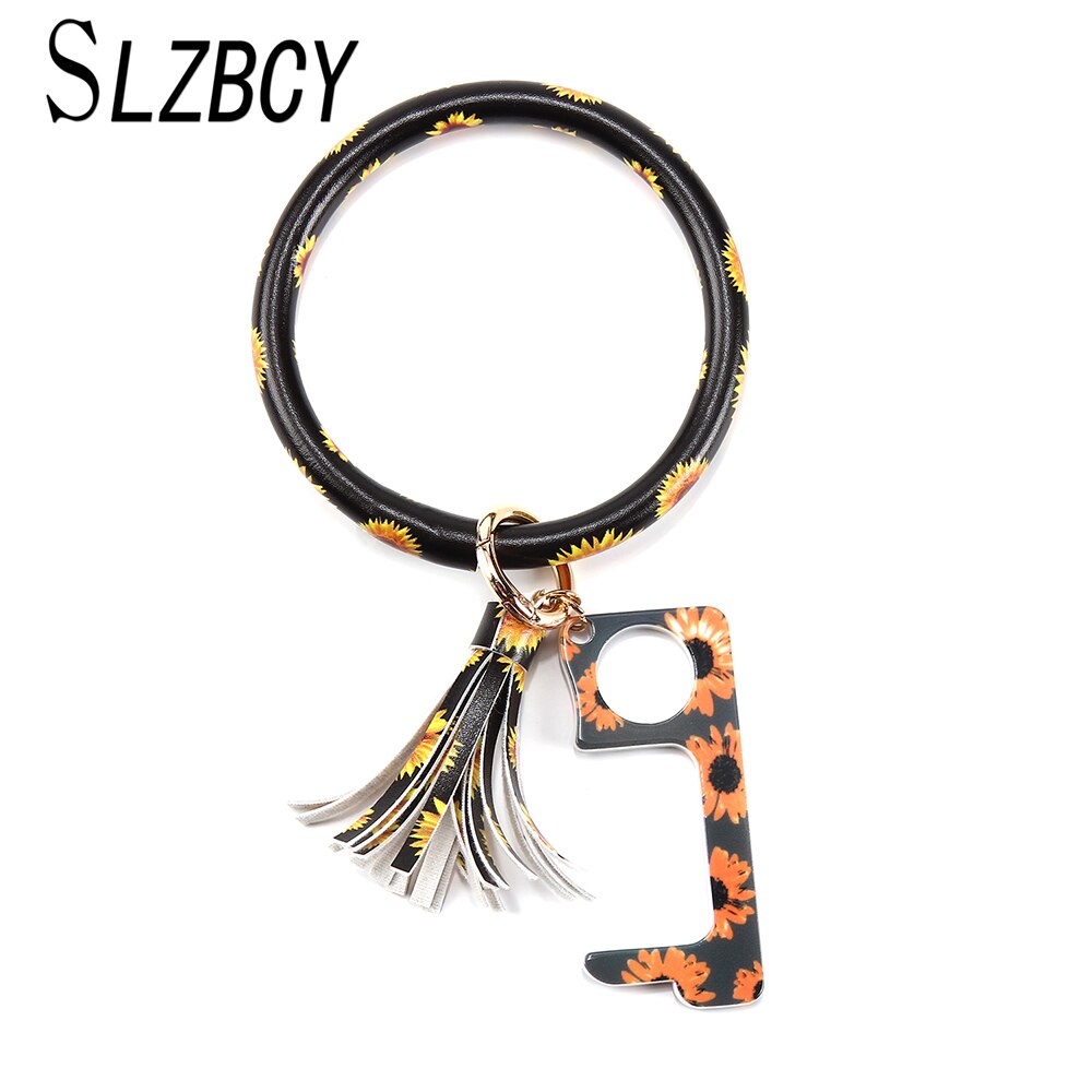 Keyring pulseira de couro clássico leopardo impressão abridor de porta portátil bangle feminino exagerada grande redondo chaveiro pulseiras de pulso