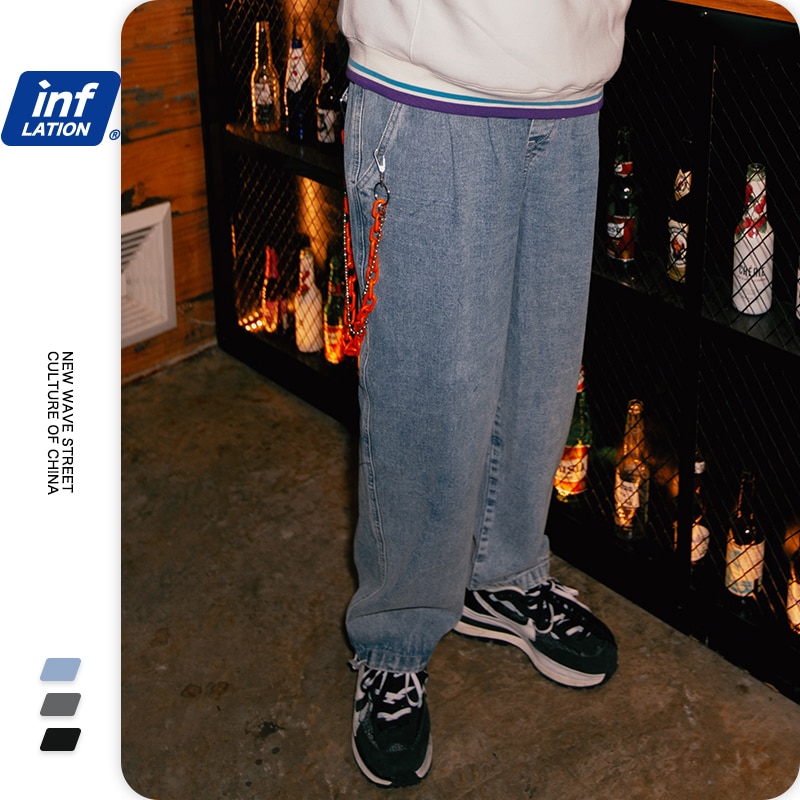 Inflation sorte jeans herre stil elastisk talje stretch lige denim bukser mænd hip hop bukser 3229w