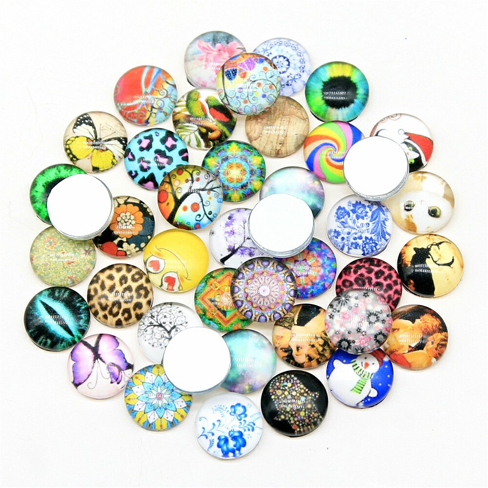 50 pçs 8mm 10mm 12mm 14mm 16mm padrões de mistura aleatória feitos à mão redondo foto vidro cabochão joias achados & componentes