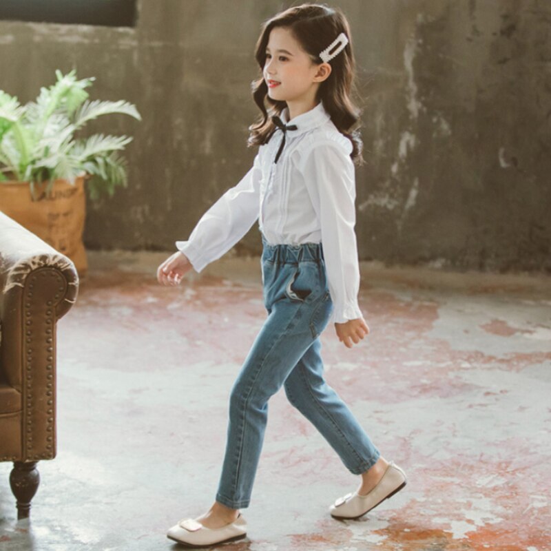 Blusa blanca para niña adolescente, camisa de manga larga con volantes, uniforme escolar, camisas para niña de 4 a 15 años, primavera 2022