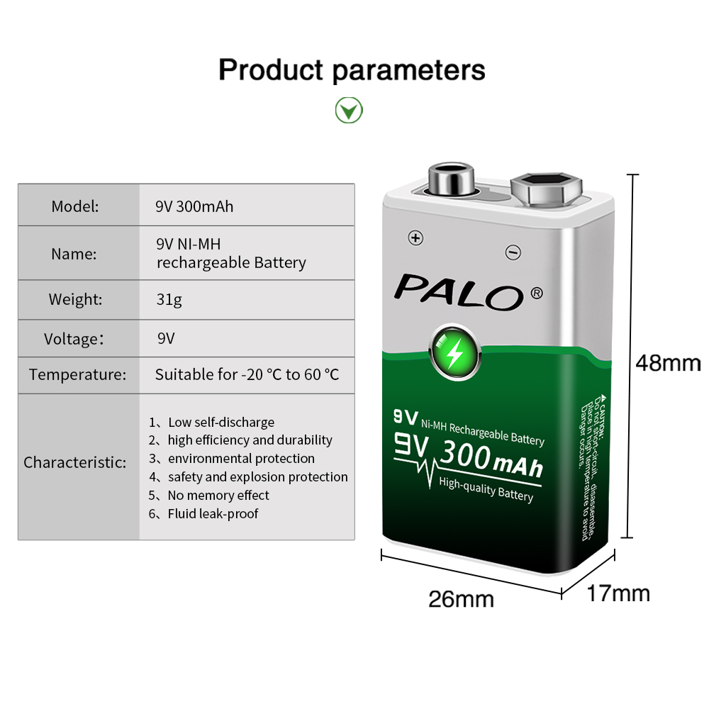 PALO 9v 6F22 300mAh Ni-MH NiMH 9 Volt Rechargeable Batteries + Charger For 6F22 9V NiCd NiMh Li-ion Rechargeable Batteries
