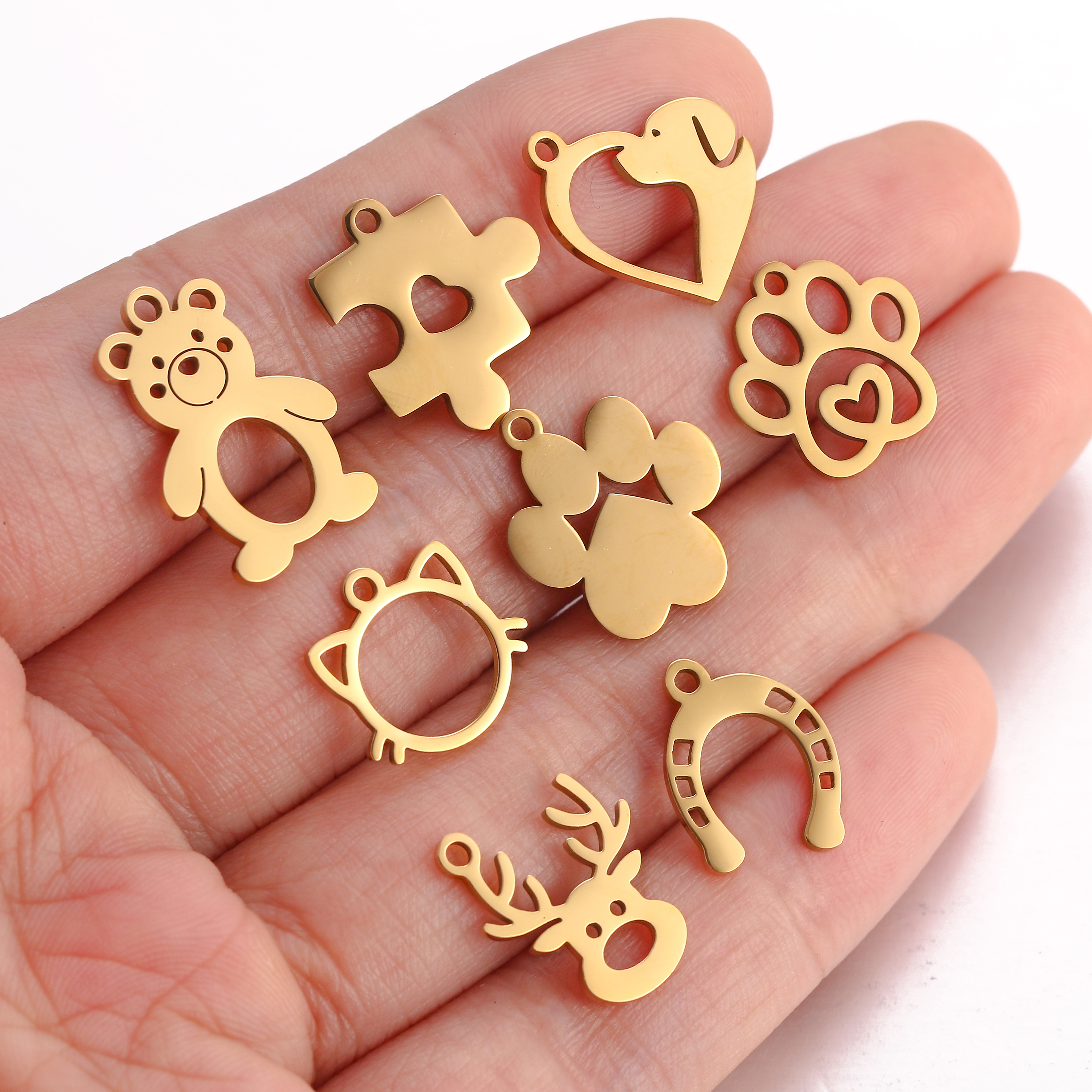 5 unids/lote de dijes con temática de animales, pata de gato/corazón de amor, garra de perro/herradura, colgantes de acero inoxidable, manualidades DIY, suministros para hacer joyas