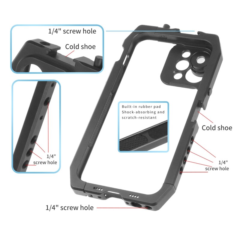 FULL-Phone Cage,Smartphone Video Rig Mobile Cage For Iphone 12/ 12 Pro Phone Cage With Cold Shoe And 1/4 Thread Holes