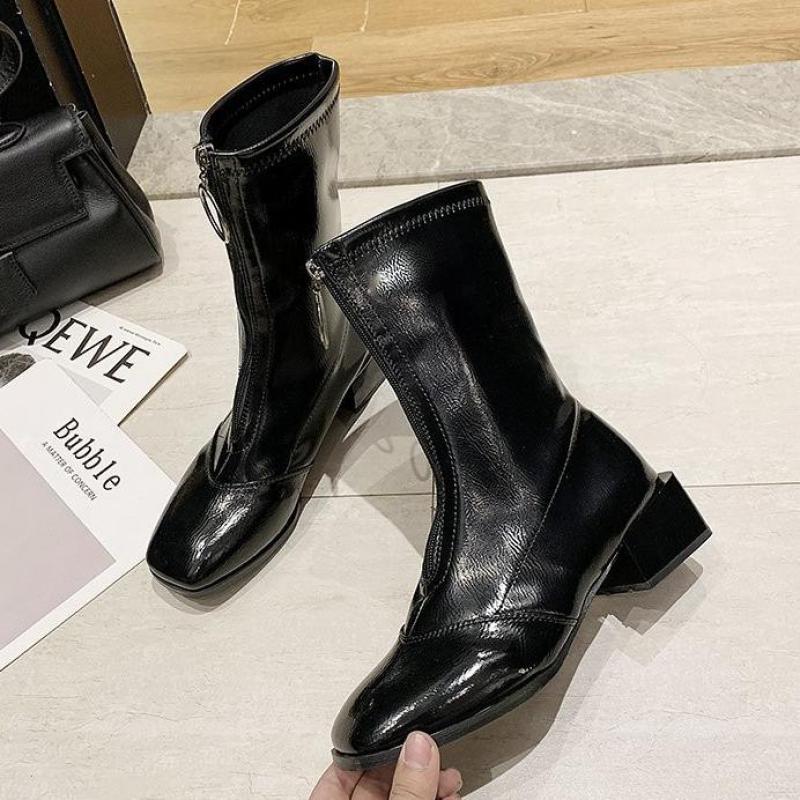 Ins dames enkellaarsjes outdoor laarzen dames enkellaarsjes metalen hak lakleer rits schoenen dames casual