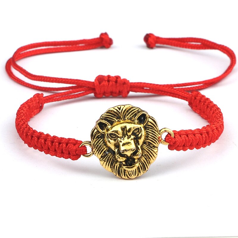 Vintage Leeuwenkop Bedelarmband Handgemaakte Geweven Rood Zwart Knopen Touw Verstelbare Armbanden En Armbanden Voor Vrouwen Mannen Paar Sieraden: Red and gold