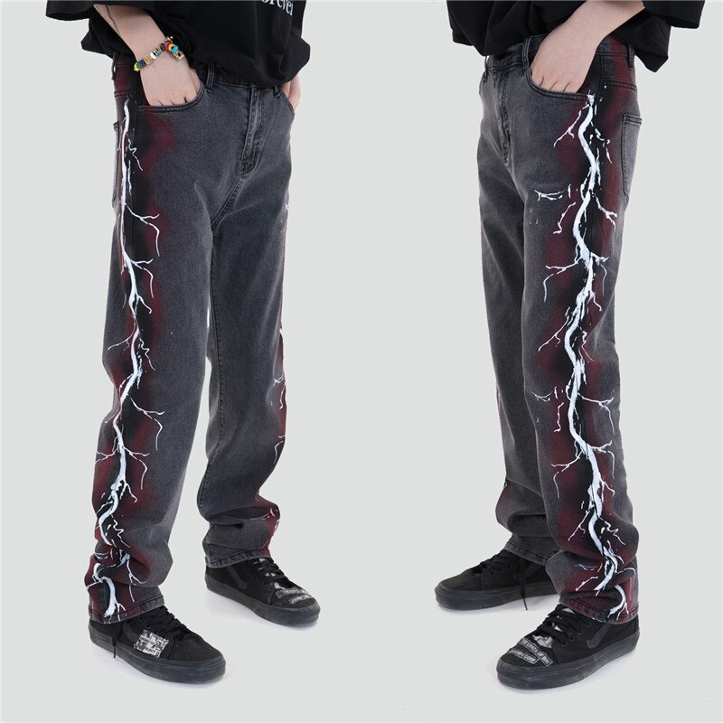 Pantalones de ropa informal estilo Hip Hop estampado de rayos vaqueros Harajuku Vintage Denim lavado pantalones Goth Punk pantalones holgado Casual pantalón