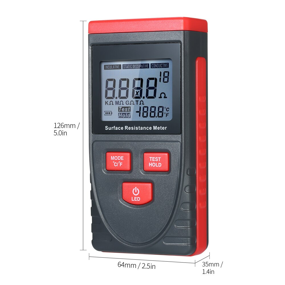 Handheld Surface Resistance Meter Anti-static Insulation Resistance Tester with LCD display Temperature Measurement