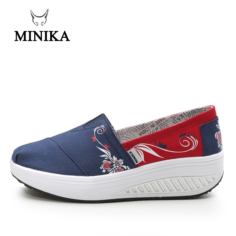 Minika Women Girls Canvas Platform Shoes Printing Slip On Swing Shoes Fitness Height Increasing Toning Walking Shoes