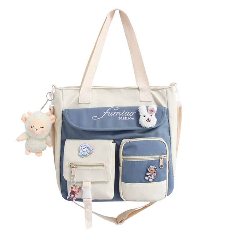 D0LF Korean Japanese Style Cute Large Capacity Tote Bag for Women Teen Girls Candy Color Patchwork One Shoulder Crossbody School: White