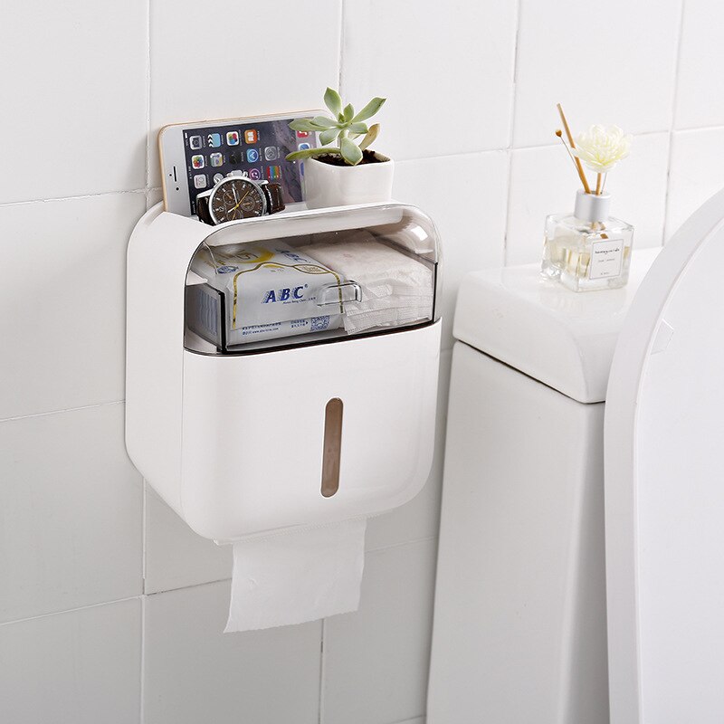 Vandtæt vægmontering toiletpapirholder håndklæde til badeværelse tissuepapir kassehylde toilet toiletpapir vægmonteret: Hvid