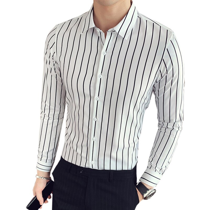 Mænd langærmede skjorter herre stribet klassisk pasform behagelig blød bomuld casual button-down skjorte