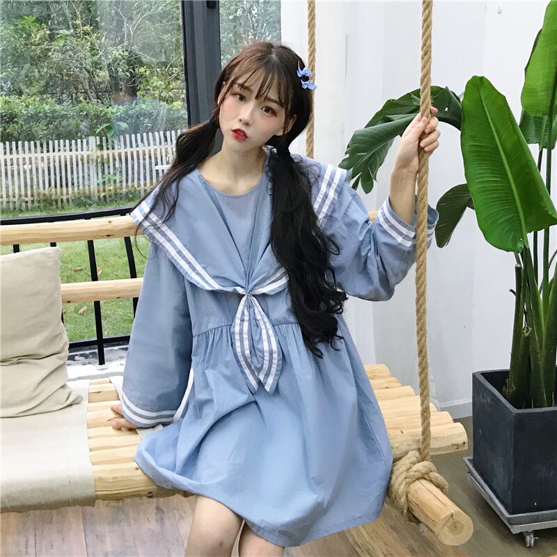 Falda de marinero de estilo universitario japonés, vestido de muñeca holgado de manga larga con cuello de marinero y solapa grande, uniforme escolar para mujer: Azul