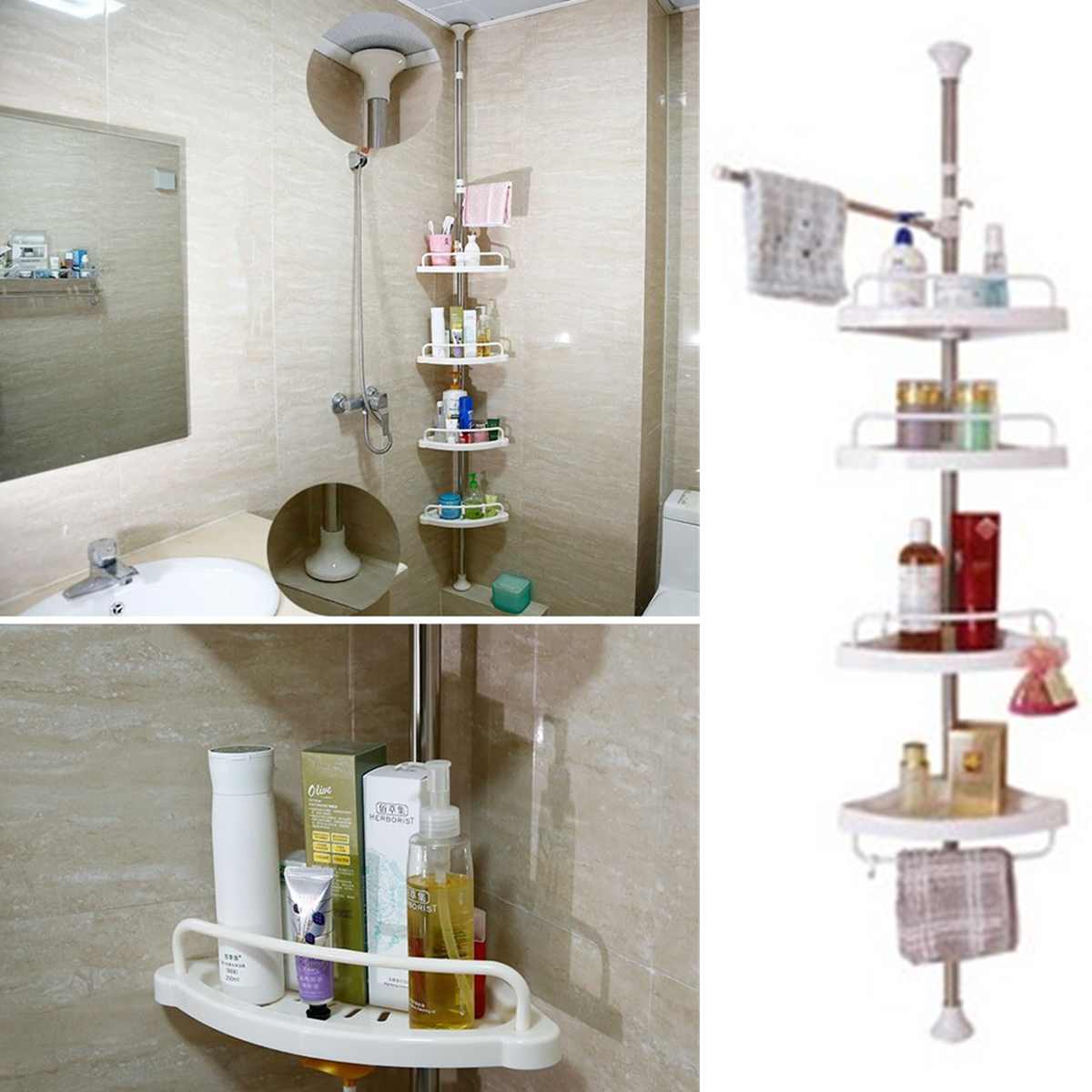 Estante de ducha de esquina telescópico ajustable de 4 niveles, estante organizador Caddy de acero inoxidable + poste libre de óxido PP 192-310cm