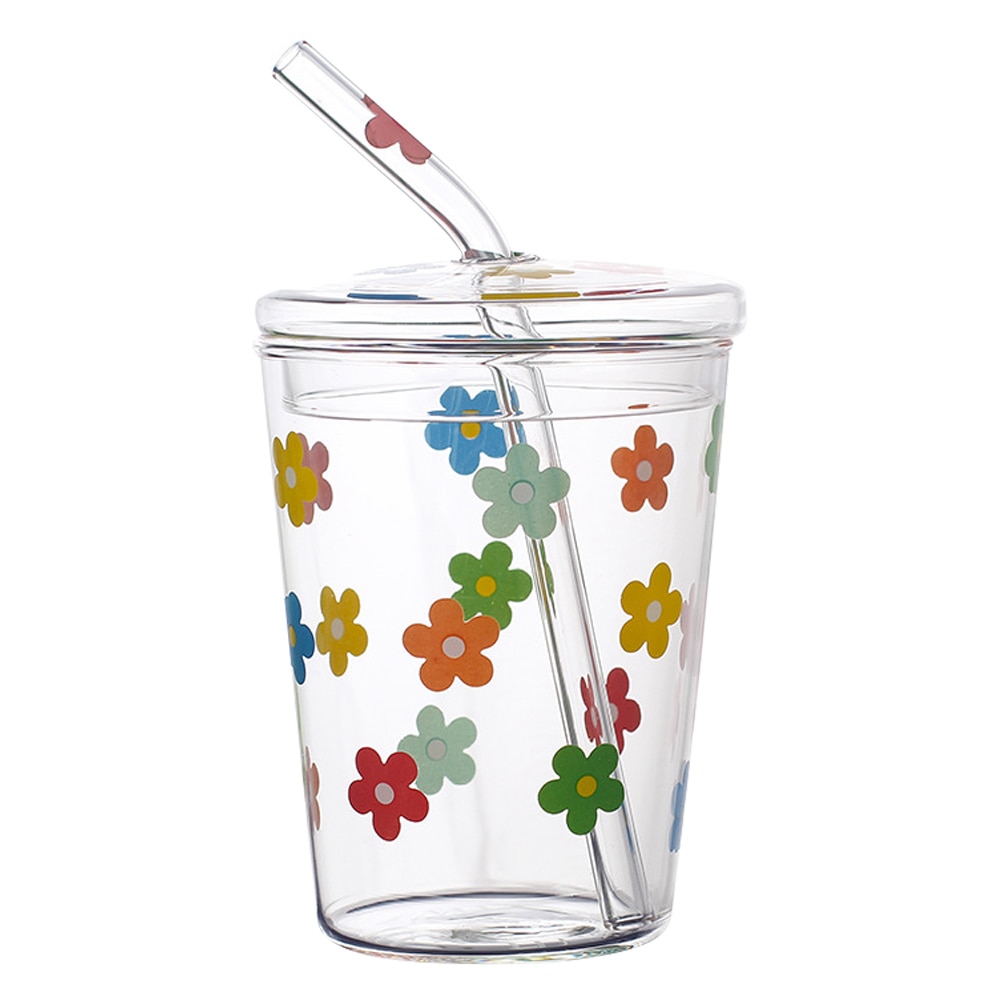 Stro Kopjes Water Cup Met Stro Glas Kopjes Bloem Patroon Drankkop Met Stofkap Drinkbeker Keuken Accessoires