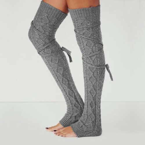 Femmes hiver sur le genou Crochet tricoté bas jambières botte cuisse chaussettes hautes fantaisie Vintage jambières: Gris foncé