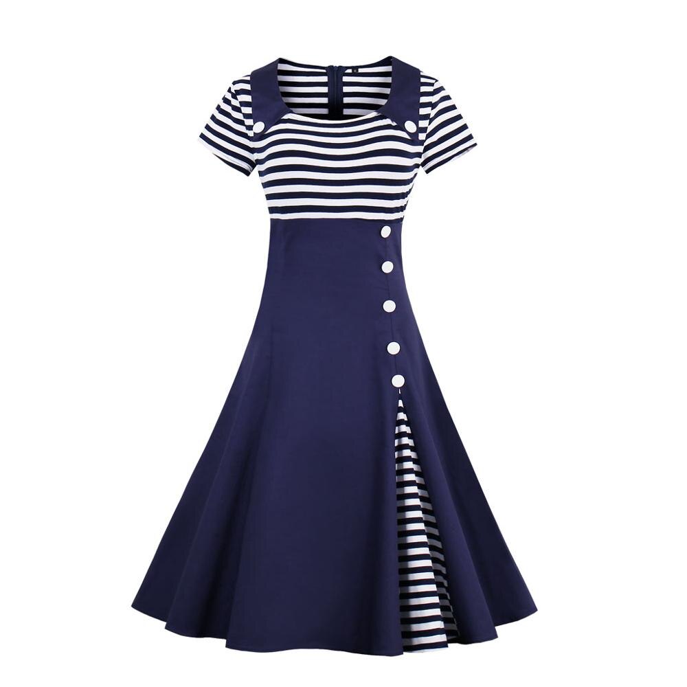 3xl 4xl plus size kvinder pin up rød hvid stribet patchwork kjole retro korte ærmer botton dekoreret 1950s vintage kjole: Marine blå / L