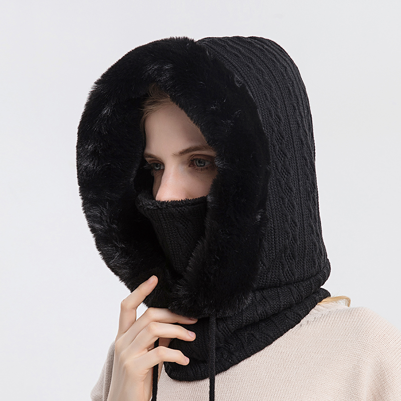Winter-Pelzmütze, Masken-Set mit Kapuze für Damen, gestrickt, Kaschmir, Hals, warm, Sturmhaube, Ski, winddicht, Mütze, dicker Plüsch, flauschige Mützen, Kapuze: Lachsrosa