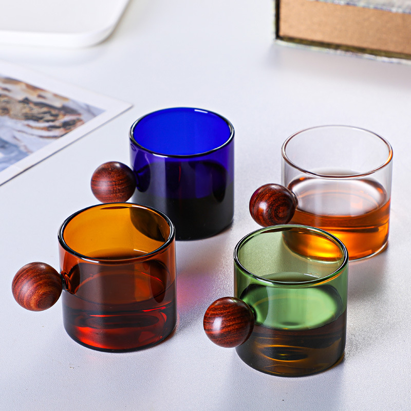 120ml Stained Glass Coffee Cup Water Cup Glass Tea Cup Milk Cup Round Ball Wooden Handle