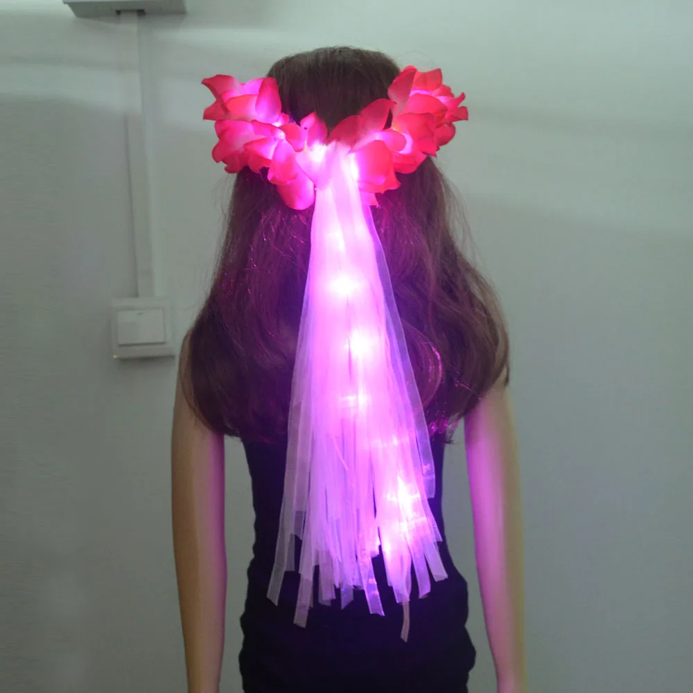 Women Girl Glow Party LED Hawaiian Lei Headband Light Up Flower Ribbon Crown Birthday Wedding Festival