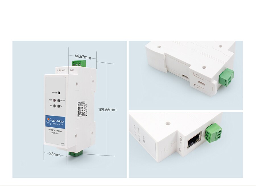 USR-DR301 Din-Rail RS232 Seriële Naar Ethernet Converter Tiny Size RS232 Ethernet Serial Device Server Ondersteunt Websocket