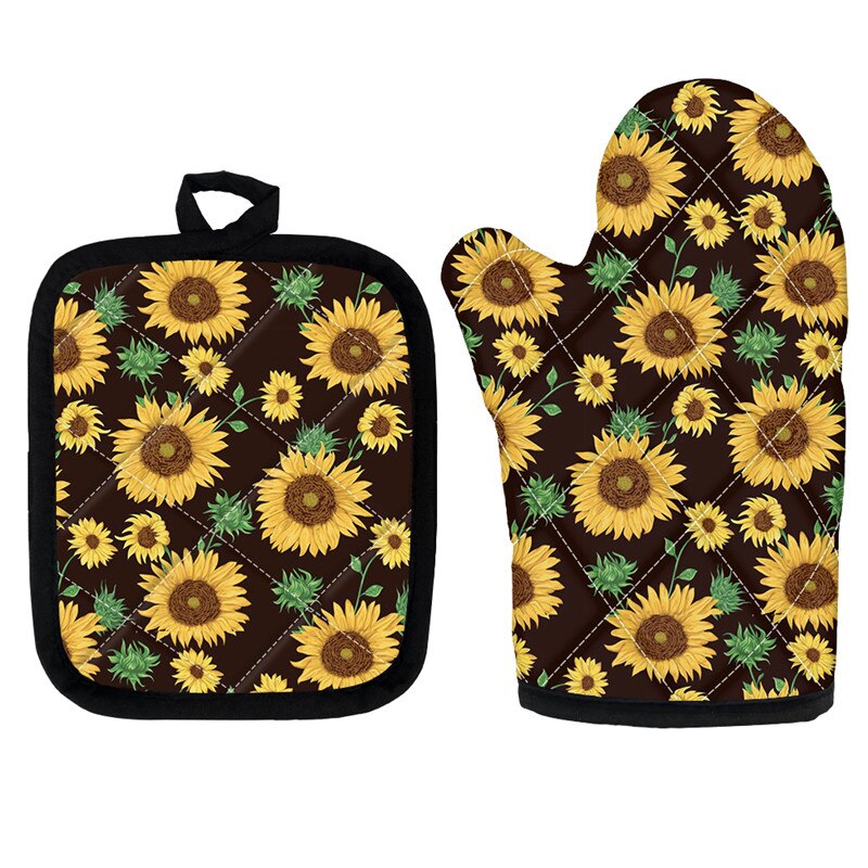 Golden Sunflowers Oven Mitts and Pot Holders Insulated Gloves for Cooking BBQ Baking Grilling Floral Style Kitchen Accessories: Z6116D19