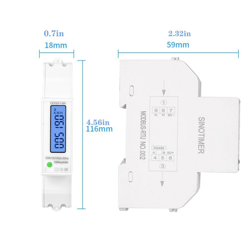 DDS519R LCD Mudbus 18mm Mini Digital Power Meter Single Phase Watt Meter DIN Rail With Backlight AC 5-100A 230V