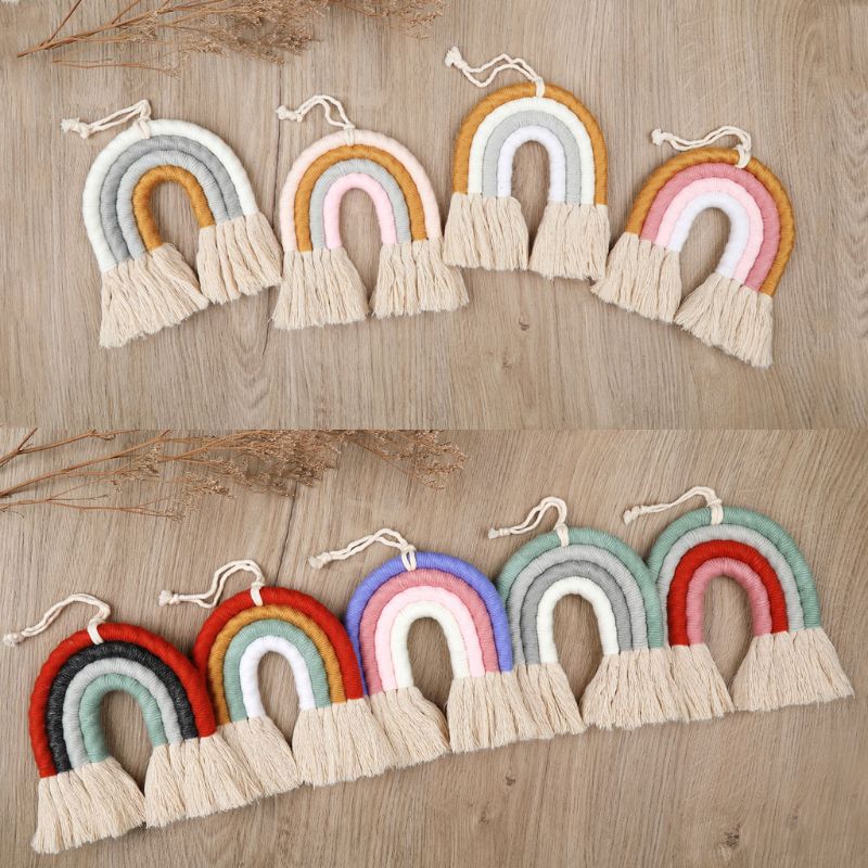 Adorno colgante de pared de arco iris de puntos, tejido hecho a mano, macramé, decoración nórdica para el hogar, guardería, habitación de niños, arte artesanal