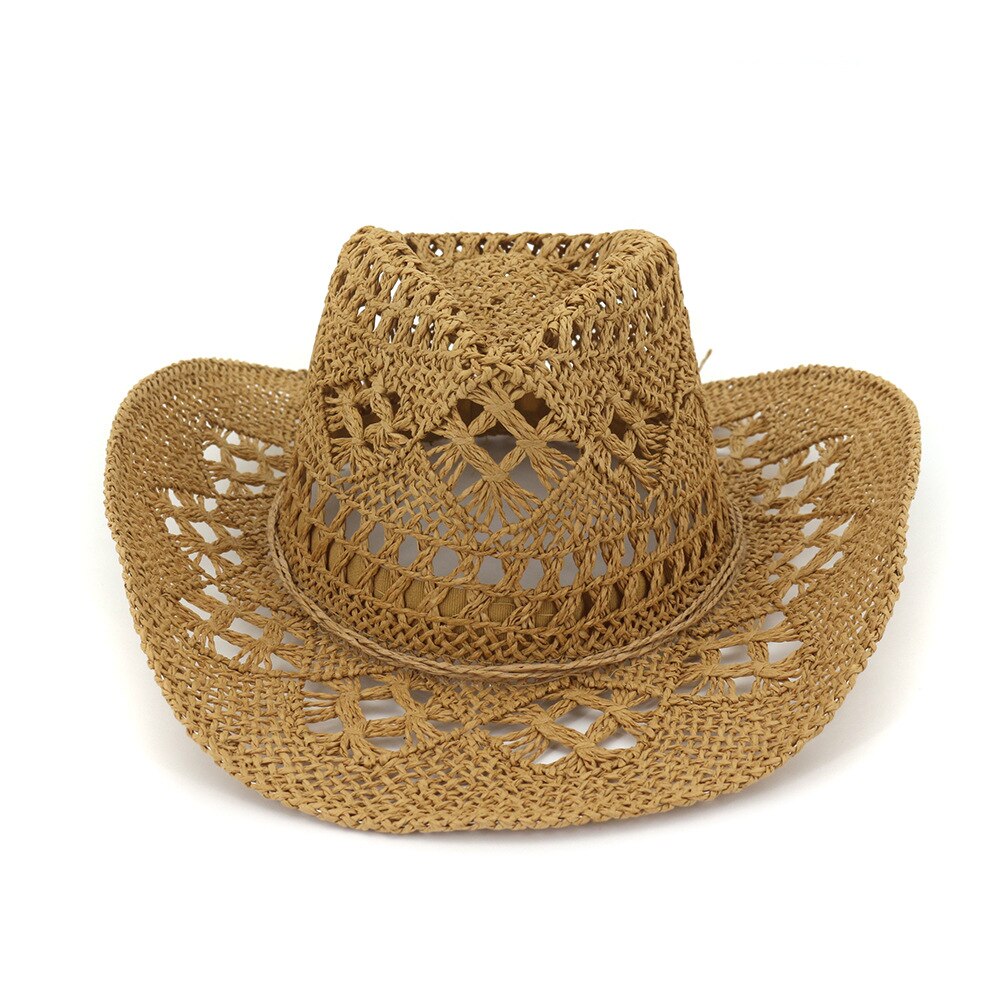 Sombrero vaquero hueco de rafia para hombres de verano con cuerda delgada de ala ancha rizada occidental gorro de protección solar Unisex sombreros