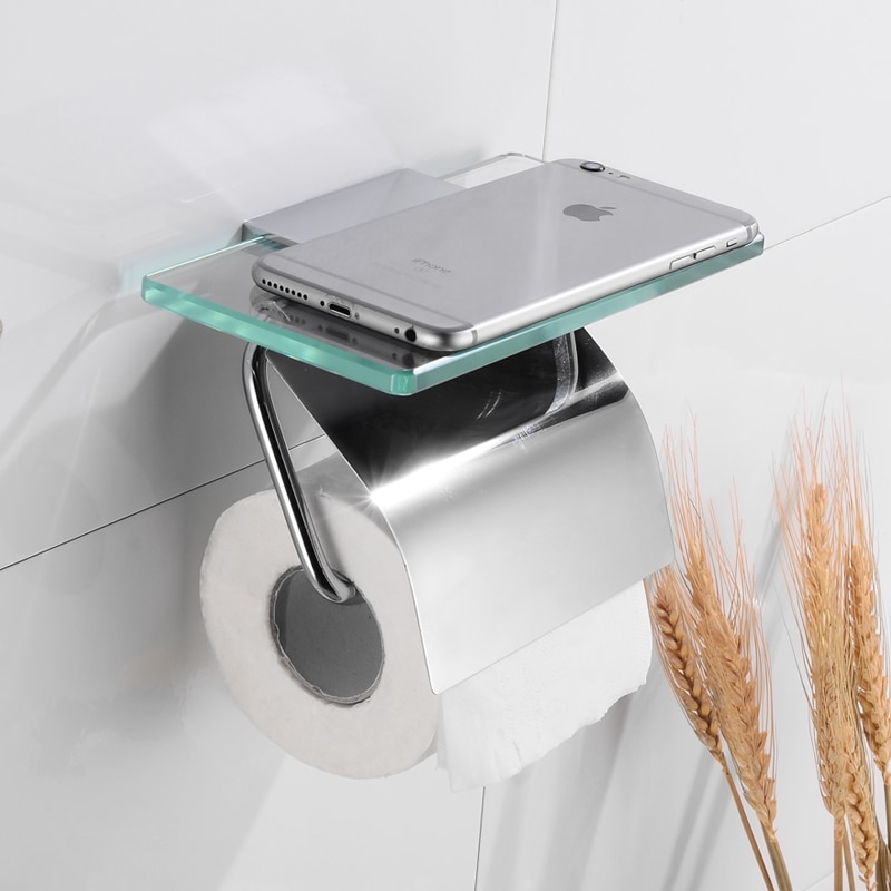 Toilet Paper Holder with Glass Shelf Stainless Steel Paper Towel Holders for Kitchen Wall Mounted Bathroom Toilet Roll Holder