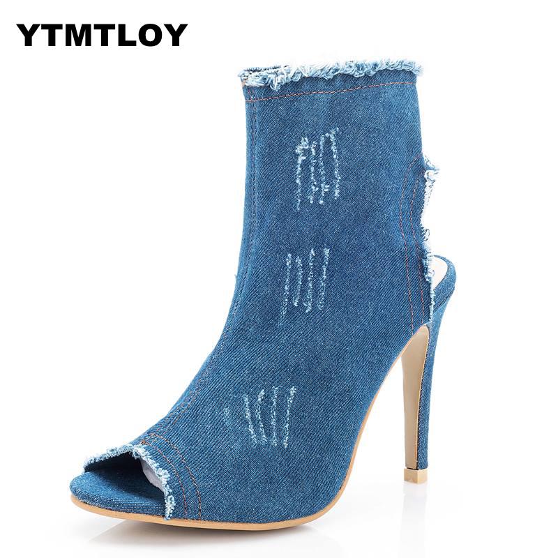 Peep toe gladiator skor kvinnor pumps denim höga klackar cutout stilett zip tunn party blå super zapatos mujer dam skor