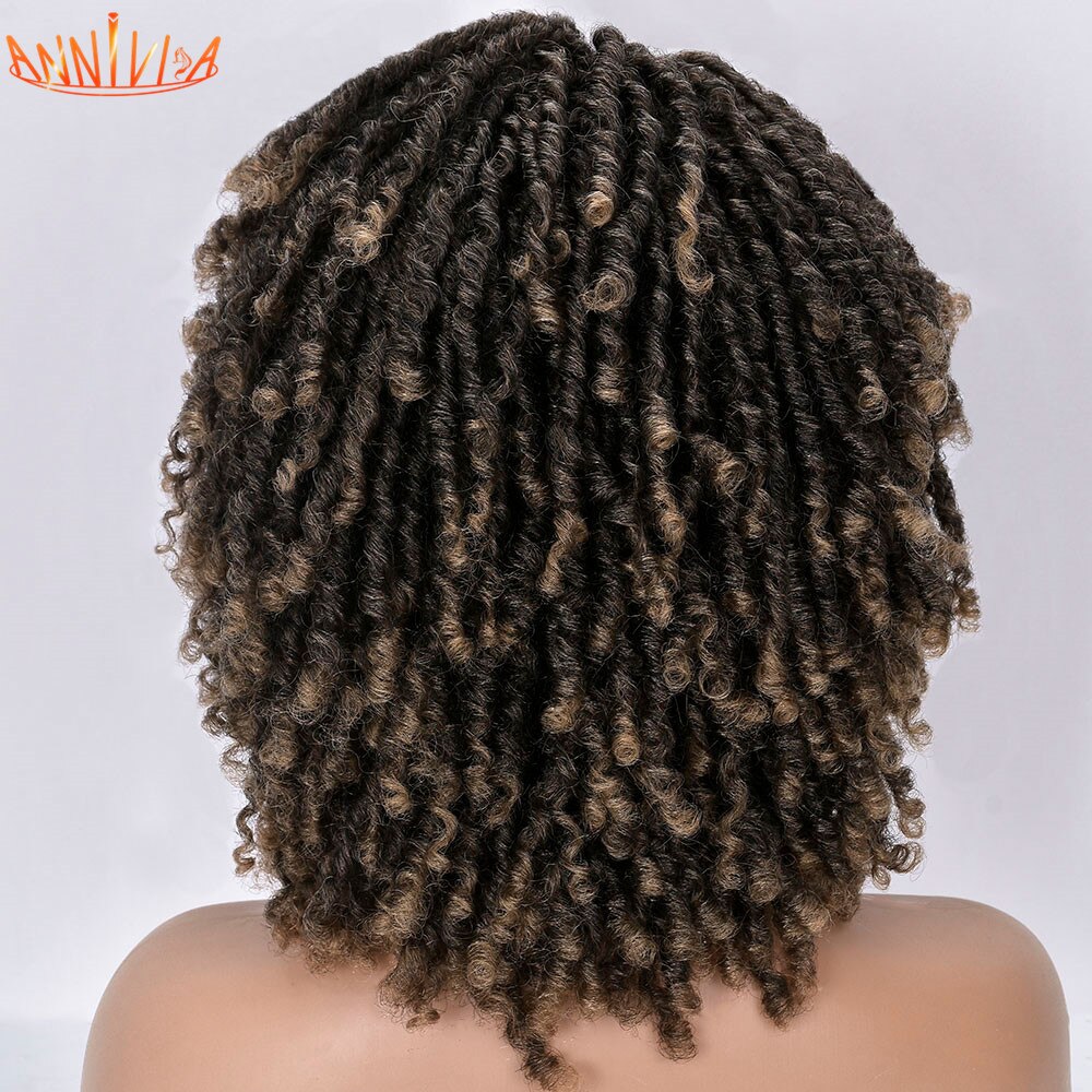 Short Dreadlock Hair Wig Curly Synthetic Soft Faux Locs Wigs With Bangs For Black Women Ombre Crochet Twist Hair Wigs Annivia: 1B-27