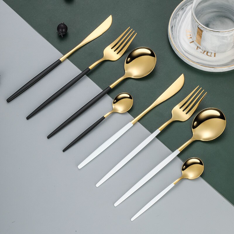 24pcs Gold Dinnerware Set Stainless Steel Mirror Cutlery Set Knife Fork Coffee Spoon Home Tableware Set Upscale Box